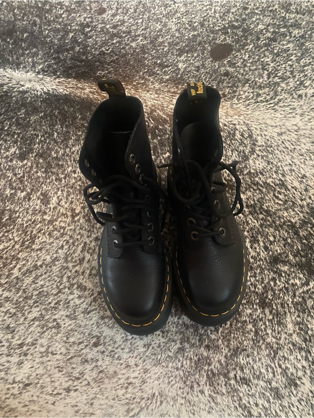 Dr. Martens Black Platform Lace-Up Boots with Yellow Stitch